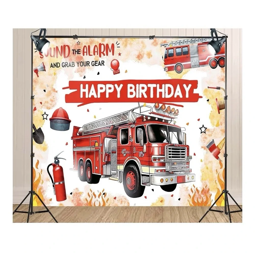 7x5ft Fabric Happy Birthday Backdroop Fire Truck Decoration Photo Studio Props